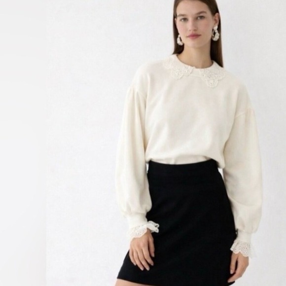 J. Crew Tops - J. CREW Med Cottagecore Victorian French Terry Lace Trim White Crewneck‎ Sweater